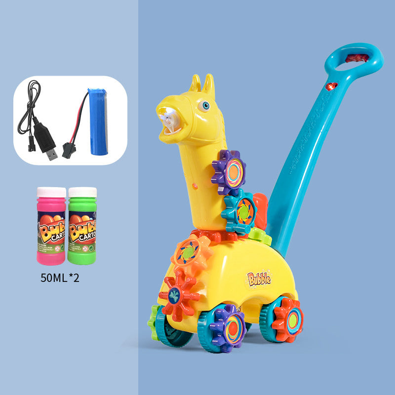 ライトが点灯した状態でシャボン玉を吹き出す自動バブルマシンのクローズアップ
