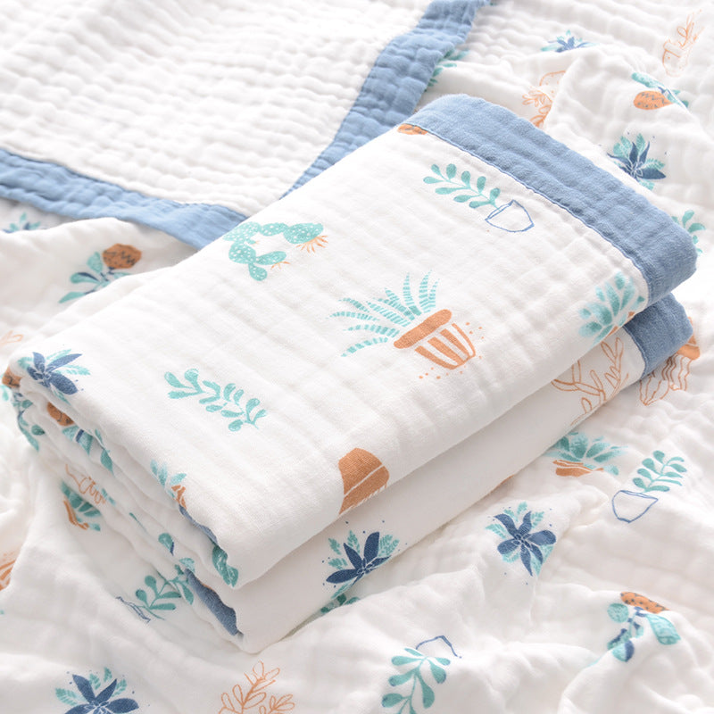 新生児から安心快適 ふんわり吸水の純綿ガーゼ ベビーバスタオル 430g厚手・縁取り仕上げ・総柄デザイン