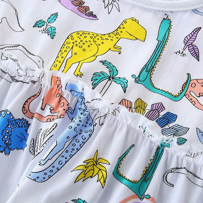 毎日がわくわくする 女の子半袖ワンピース 恐竜カートゥーン総柄 プリンセス風 シロ 90~140cm
