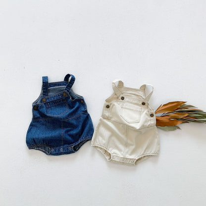 動きやすくおしゃれが決まる ベビーサロペットロンパース 無地デニム コットン95% ノースリーブ 66~100cm