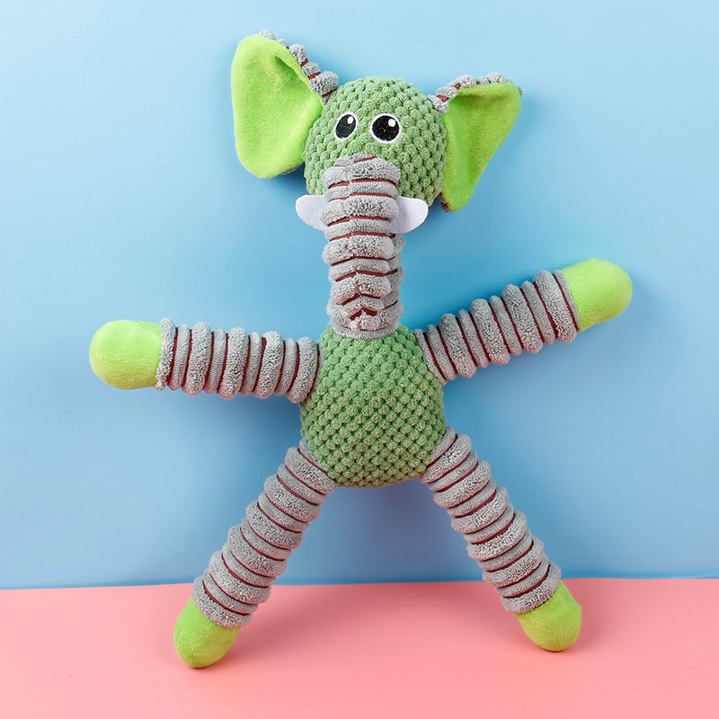 カラフルなボーダー柄の手足がついたベビーぬいぐるみのクローズアップ
