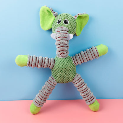 カラフルなボーダー柄の手足がついたベビーぬいぐるみのクローズアップ
