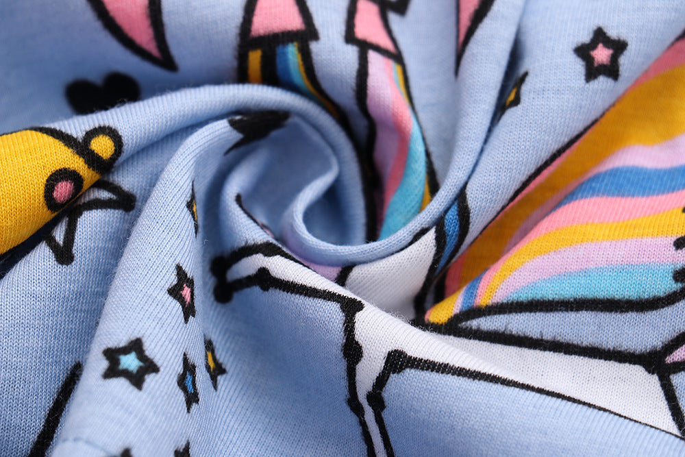 毎日がもっと楽しくなる 女の子半袖ワンピース ユニコーンと宇宙カートゥーン柄 コットン95% ブルー 2歳~7歳