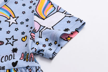 毎日がもっと楽しくなる 女の子半袖ワンピース ユニコーンと宇宙カートゥーン柄 コットン95% ブルー 2歳~7歳