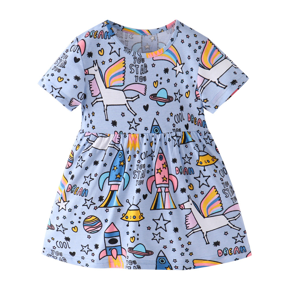 毎日がもっと楽しくなる 女の子半袖ワンピース ユニコーンと宇宙カートゥーン柄 コットン95% ブルー 2歳~7歳