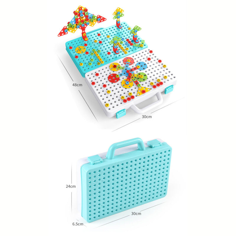 取っ手付きボードを広げた状態と閉じた水色ケースを並べ、縦横のサイズを示した知育ブロックボードの寸法イメージ
