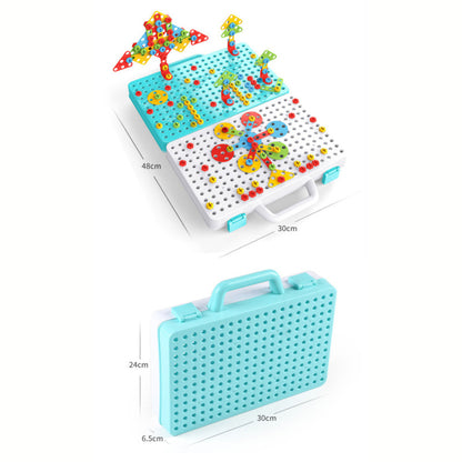 取っ手付きボードを広げた状態と閉じた水色ケースを並べ、縦横のサイズを示した知育ブロックボードの寸法イメージ
