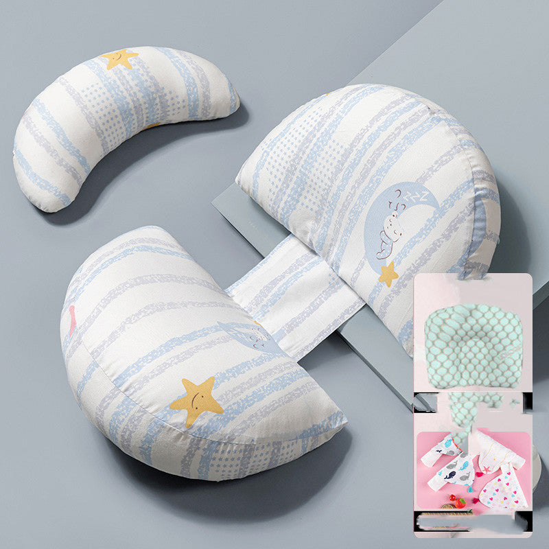 調整式マタニティ抱き枕 ブルーストライプ柄 3点構成の配置（妊娠サポート枕）
