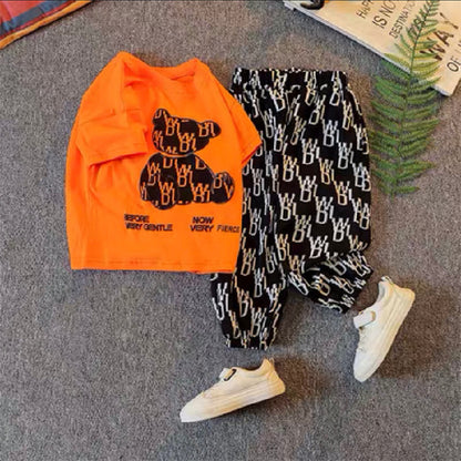 さらっと快適で通園も外遊びも決まる 子ども半袖Tシャツ＆ロングパンツ上下セット くまプリント×総柄デザイン コットン 100~150cm