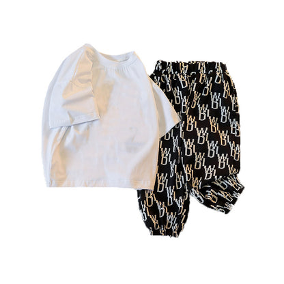 さらっと快適で通園も外遊びも決まる 子ども半袖Tシャツ＆ロングパンツ上下セット くまプリント×総柄デザイン コットン 100~150cm