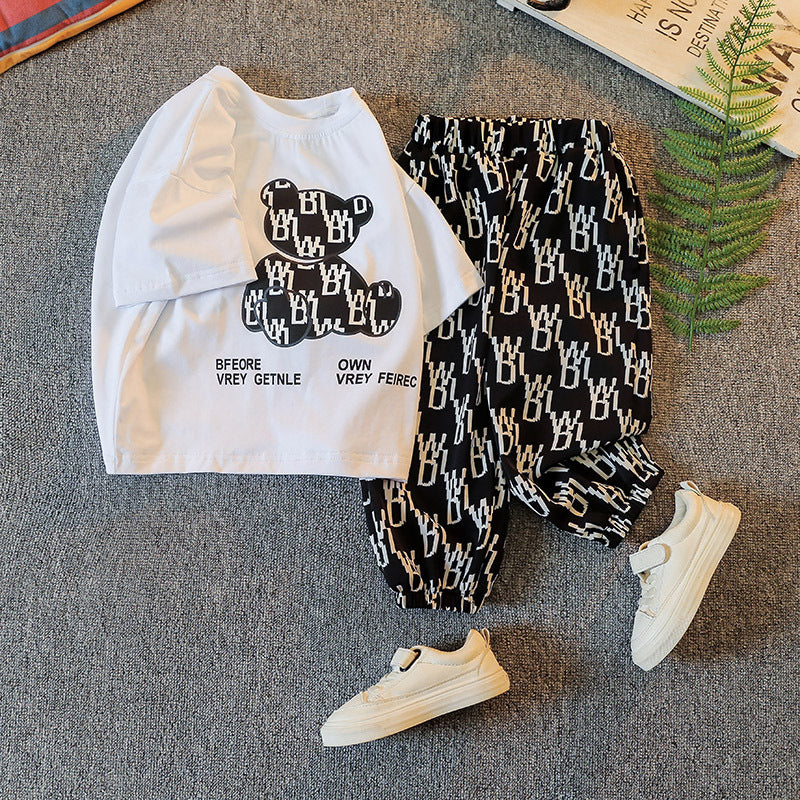 さらっと快適で通園も外遊びも決まる 子ども半袖Tシャツ＆ロングパンツ上下セット くまプリント×総柄デザイン コットン 100~150cm