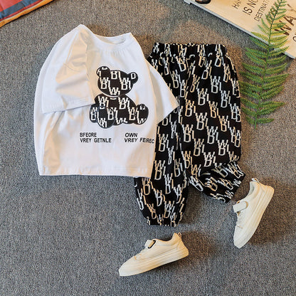 さらっと快適で通園も外遊びも決まる 子ども半袖Tシャツ＆ロングパンツ上下セット くまプリント×総柄デザイン コットン 100~150cm