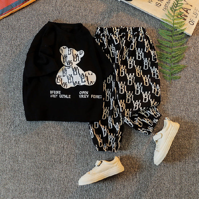 さらっと快適で通園も外遊びも決まる 子ども半袖Tシャツ＆ロングパンツ上下セット くまプリント×総柄デザイン コットン 100~150cm