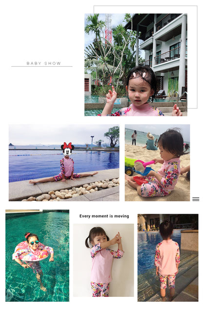 女の子用ピンク 日差し対策スイムUVセット 上下セパレート（長袖トップス＋スイムレギンス）フラワープリント 90・120・130・140・150cm