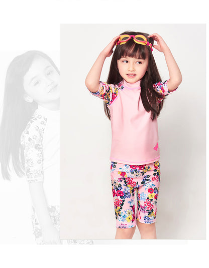 女の子用ピンク 日差し対策スイムUVセット 上下セパレート（長袖トップス＋スイムレギンス）フラワープリント 90・120・130・140・150cm