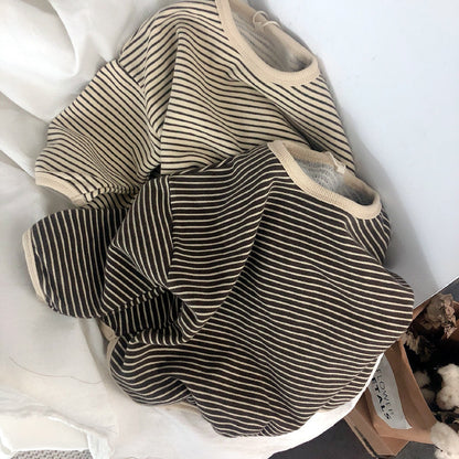 ふんわり重ねられた細ボーダー柄コットン100％子ども用長袖Tシャツ アプリコット系ナチュラルカラー
