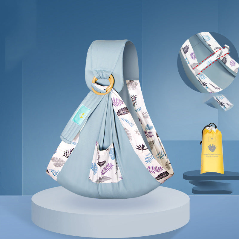 ライトブルー×リーフ柄の外観とリング部ディテール（リングスリング・抱っこ紐スリング）
