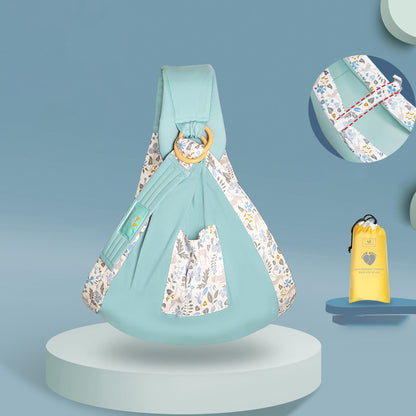 ミント系カラーのスリング外観と付属ポーチ表示（リングスリング・抱っこ紐スリング）
