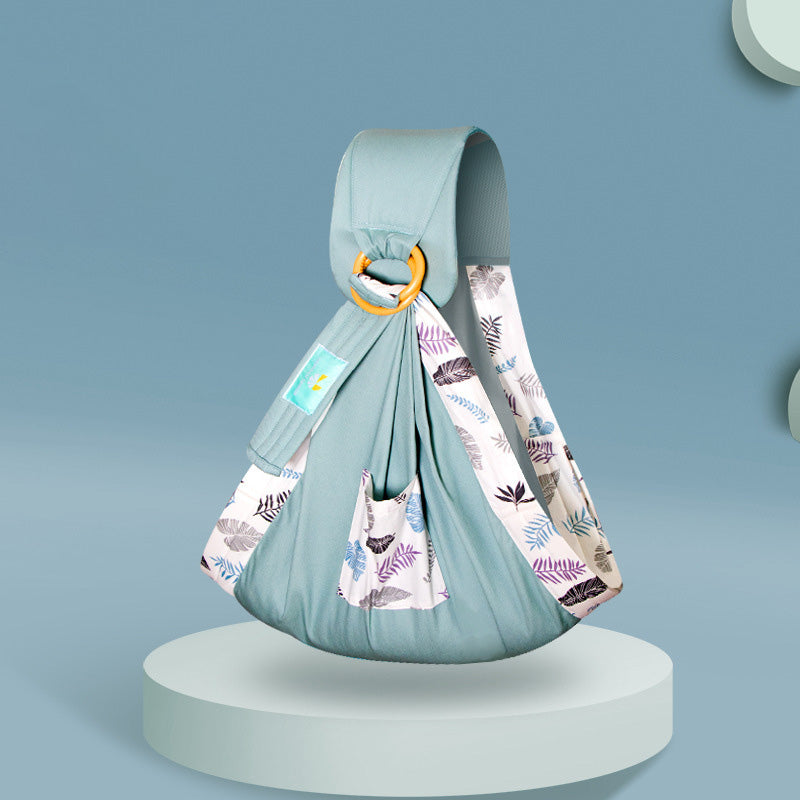 ブルーグリーン系のリーフ柄スリング全体（リングスリング・抱っこ紐スリング）
