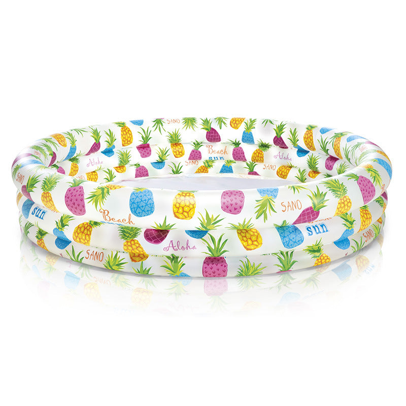 パイナップル柄 キッズ用ビニールプール 直径132cm＋ビーチボール＋スイムリング 3点セット（3〜6歳）