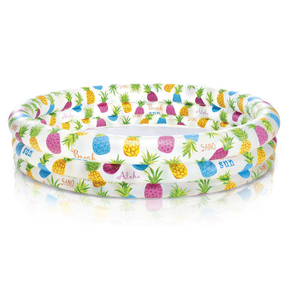 パイナップル柄 キッズ用ビニールプール 直径132cm＋ビーチボール＋スイムリング 3点セット（3〜6歳）