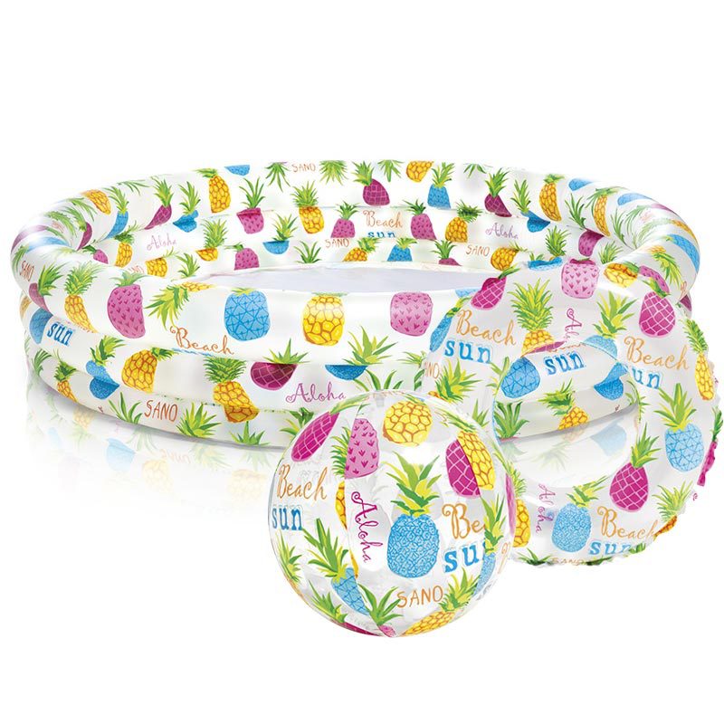 パイナップル柄 キッズ用ビニールプール 直径132cm＋ビーチボール＋スイムリング 3点セット（3〜6歳）