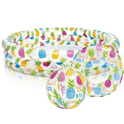 パイナップル柄 キッズ用ビニールプール 直径132cm＋ビーチボール＋スイムリング 3点セット（3〜6歳）