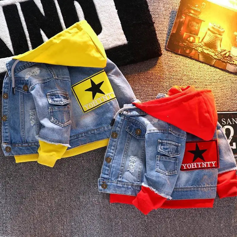 yellow hood boys denim jacket front view casual street style