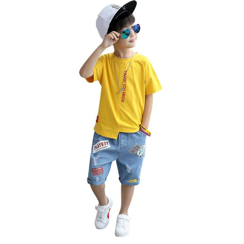 夏のおでかけがすっきり決まる 男の子半袖Tシャツ＆五分丈パンツセット レタープリント コットン 110~160cm