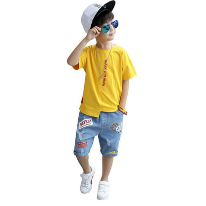 夏のおでかけがすっきり決まる 男の子半袖Tシャツ＆五分丈パンツセット レタープリント コットン 110~160cm