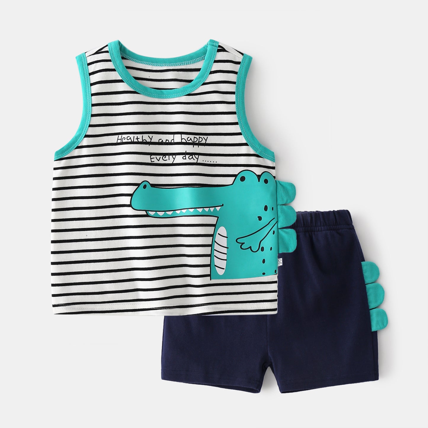 さらっと軽い着心地で夏がもっと楽しくなる 男の子ノースリーブ上下セット ボーダー×ワニプリント コットン100 90~130cm