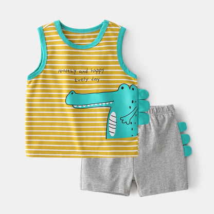 さらっと軽い着心地で夏がもっと楽しくなる 男の子ノースリーブ上下セット ボーダー×ワニプリント コットン100 90~130cm