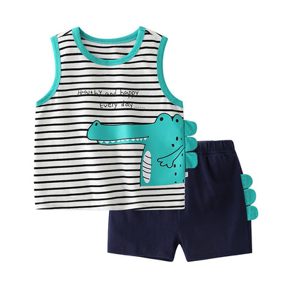 さらっと軽い着心地で夏がもっと楽しくなる 男の子ノースリーブ上下セット ボーダー×ワニプリント コットン100 90~130cm