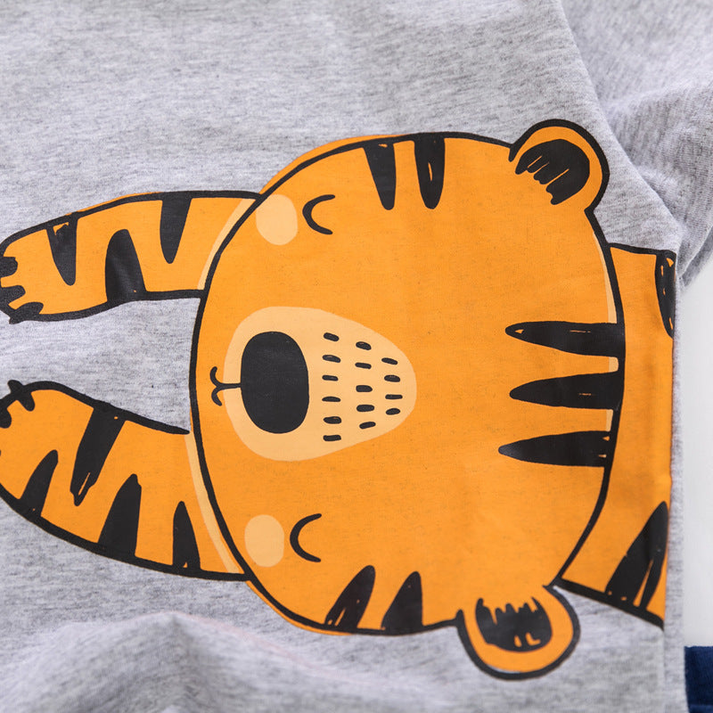 さらっと涼しく動きやすい 子ども半袖Tシャツ＆ショートパンツセット タイガー柄カートゥーンプリント コットン 90~140cm