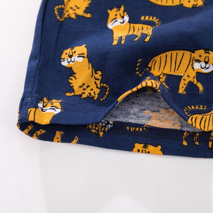 さらっと涼しく動きやすい 子ども半袖Tシャツ＆ショートパンツセット タイガー柄カートゥーンプリント コットン 90~140cm