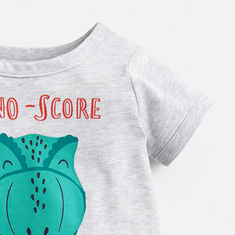 元気に遊べて夏コーデが即完成する 男の子半袖Tシャツ＆ショートパンツ上下セット 恐竜カートゥーンプリント ニットコットン グレー 90~140cm