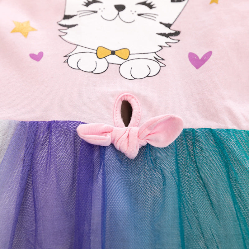 ふんわりチュールでときめく 女の子サマーワンピース ねこプリント フリル袖 コットン100% ピンク 90~140cm