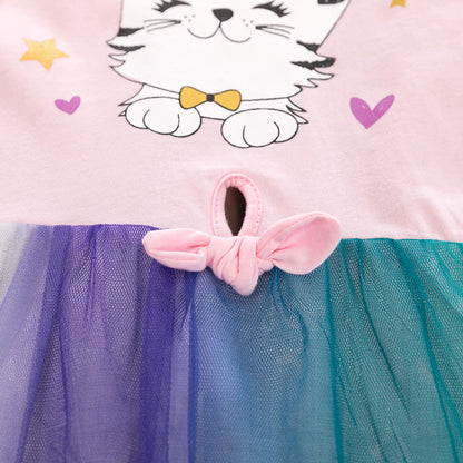 ふんわりチュールでときめく 女の子サマーワンピース ねこプリント フリル袖 コットン100% ピンク 90~140cm