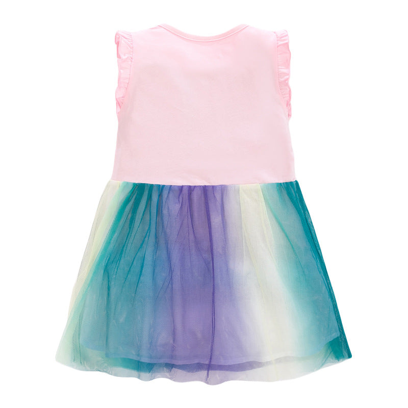 ふんわりチュールでときめく 女の子サマーワンピース ねこプリント フリル袖 コットン100% ピンク 90~140cm