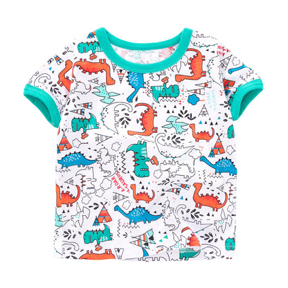 さらっと涼しく夏の毎日が快適になる 男の子半袖セットアップ 恐竜カートゥーン総柄Tシャツ＋ショートパンツ コットン100 90~140cm