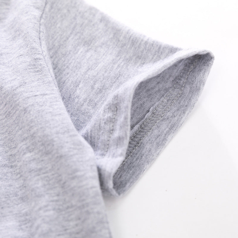 さらっと夏にかわいく決まる 男の子半袖セットアップ ねこカートゥーンプリントTシャツ＆ギンガムチェックショートパンツ グレー 90~140cm