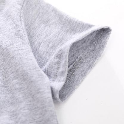 さらっと夏にかわいく決まる 男の子半袖セットアップ ねこカートゥーンプリントTシャツ＆ギンガムチェックショートパンツ グレー 90~140cm