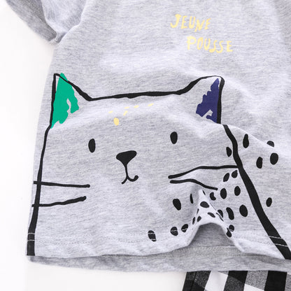 さらっと夏にかわいく決まる 男の子半袖セットアップ ねこカートゥーンプリントTシャツ＆ギンガムチェックショートパンツ グレー 90~140cm