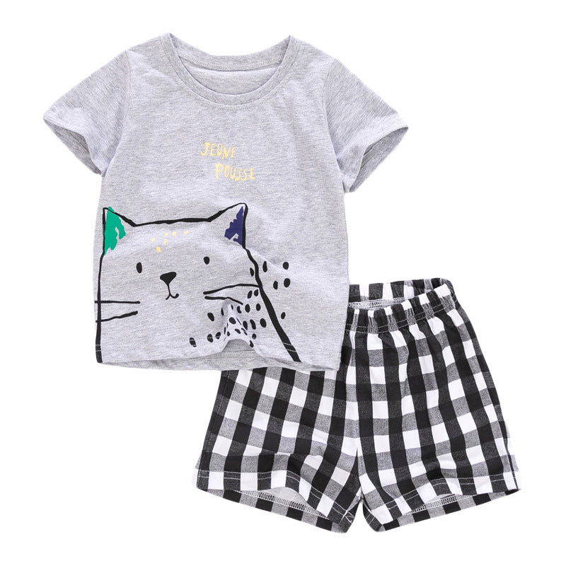 さらっと夏にかわいく決まる 男の子半袖セットアップ ねこカートゥーンプリントTシャツ＆ギンガムチェックショートパンツ グレー 90~140cm