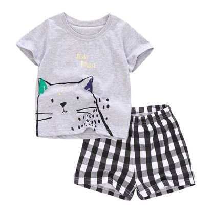 さらっと夏にかわいく決まる 男の子半袖セットアップ ねこカートゥーンプリントTシャツ＆ギンガムチェックショートパンツ グレー 90~140cm