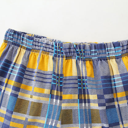 夏の元気コーデが一枚で決まる 男の子半袖Tシャツ＆チェックショートパンツセット 車カートゥーン刺繍タイプ ネイビー コットン100% 90~140cm