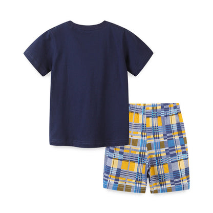 夏の元気コーデが一枚で決まる 男の子半袖Tシャツ＆チェックショートパンツセット 車カートゥーン刺繍タイプ ネイビー コットン100% 90~140cm