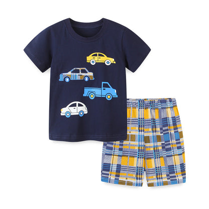 夏の元気コーデが一枚で決まる 男の子半袖Tシャツ＆チェックショートパンツセット 車カートゥーン刺繍タイプ ネイビー コットン100% 90~140cm