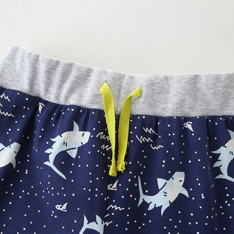 男の子 夏用 サメ柄 半袖Tシャツ＆ショートパンツ 2点セット 綿100% クルーネック 90〜140cm