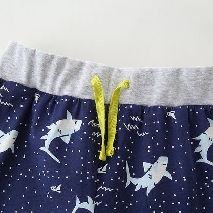 男の子 夏用 サメ柄 半袖Tシャツ＆ショートパンツ 2点セット 綿100% クルーネック 90〜140cm